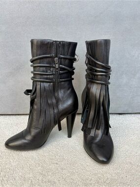 Ash Bird Leather Black Fringe Ankle Boots with Wrap Detail